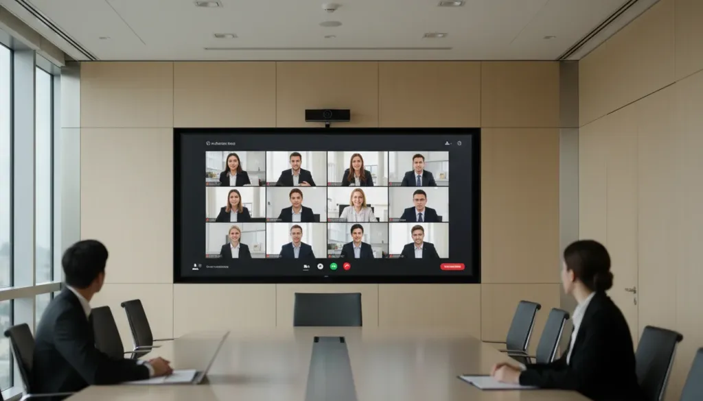 Modern conference room with team members on a large video call display showing multiple participants in a grid layout, professional corporate meeting environment with floor-to-ceiling windows