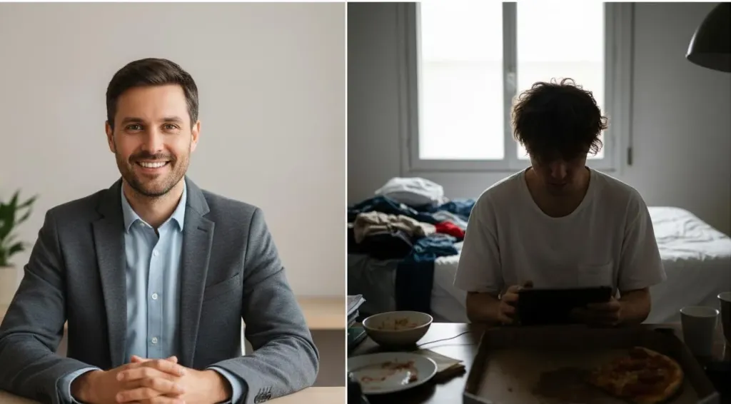 Split comparison showing professional video call etiquette on the left versus common mistakes on the right, demonstrating proper lighting, attire, and camera positioning