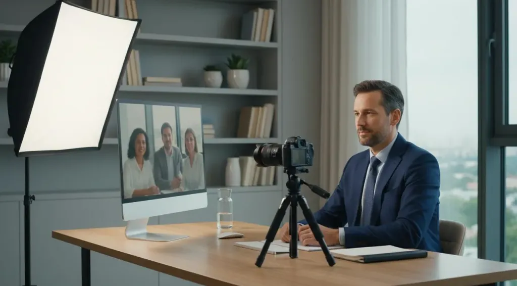 Professional candidate at a clean desk with softbox lighting, camera on tripod, and monitor showing interviewers on video call in a well-prepared home office
