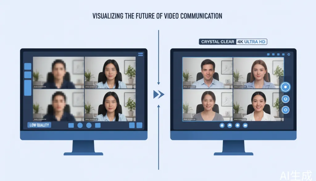 Figure 2: Split-screen comparison showing the dramatic difference between low-quality and 4K Ultra HD video conferencing for financial consultations
