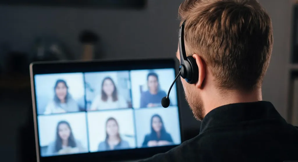Over-the-shoulder view of a teacher's laptop showing a video call grid with multiple students during an online English lesson
