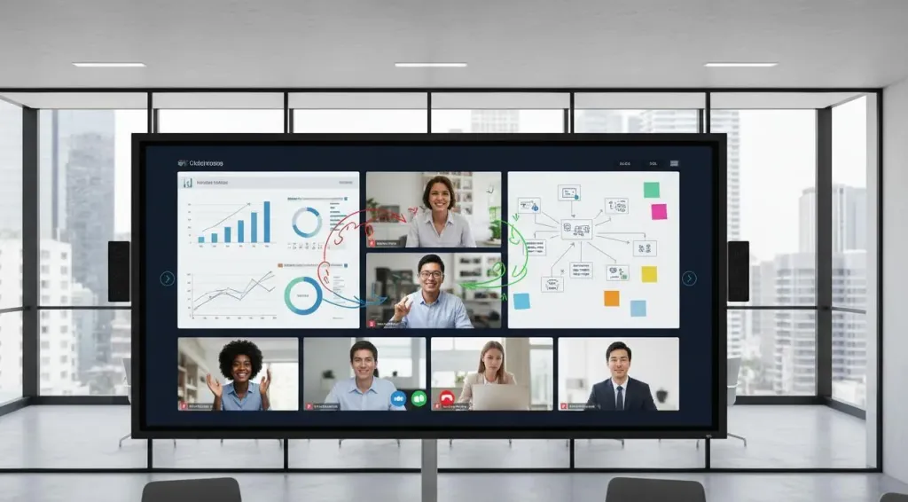 Team collaborating through a large interactive display in a modern conference room, showing video participants and shared charts on screen