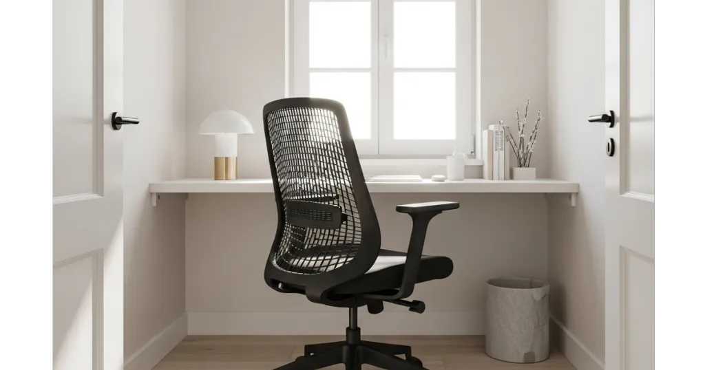 Semi-transparent black mesh ergonomic chair in a bright minimalist office, showing how it maintains an open, airy feel in small workspaces.