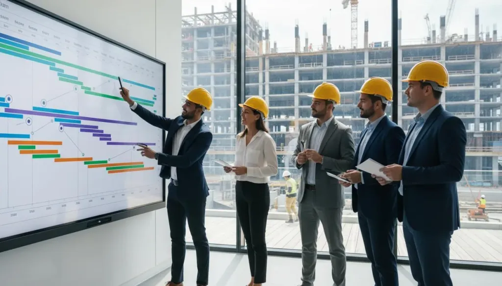Construction team using a large interactive digital whiteboard to review a colorful Gantt chart timeline for project scheduling and sequencing