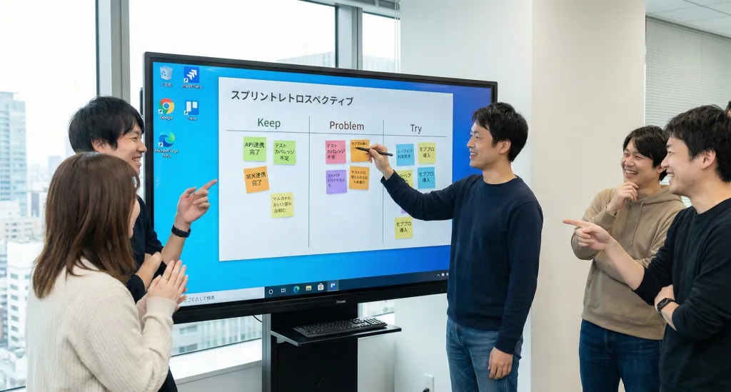 インタラクティブホワイトボードで会議をしている会社員たち