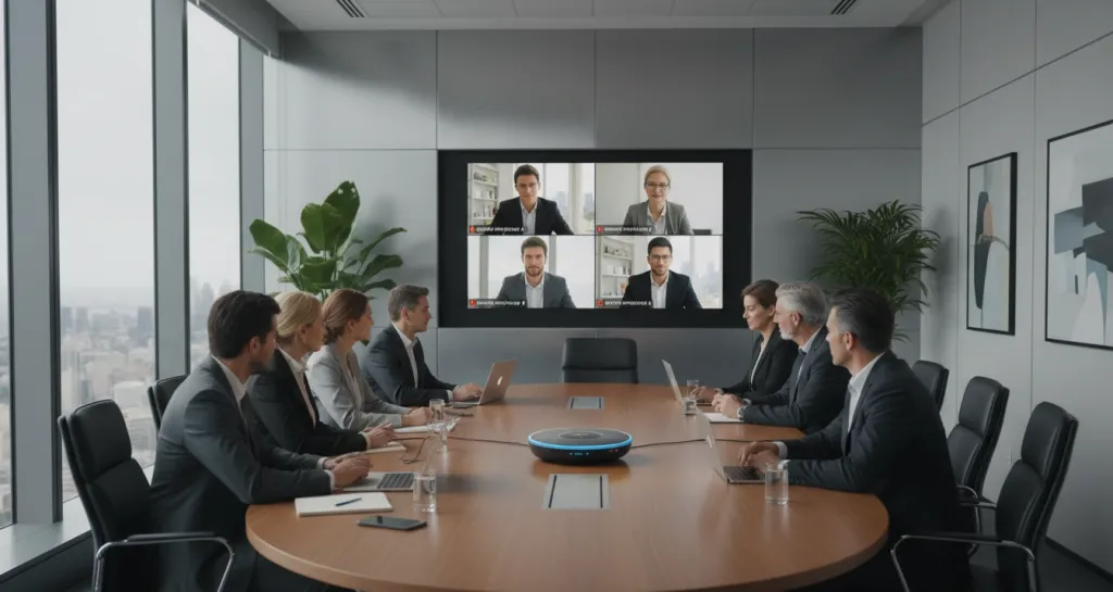 マイクを使ったWeb会議の様子