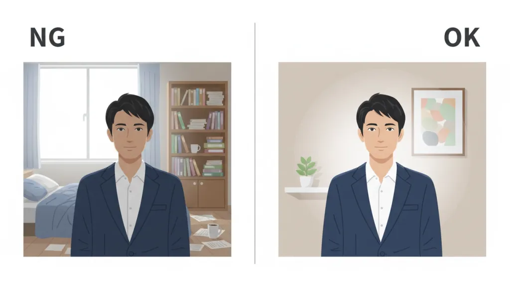 Web会議の背景比較。左側：乱雑な部屋で逆光のNG例。右側：シンプルな壁で適切な照明の正解例。
