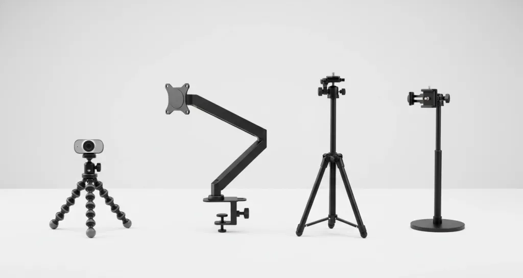 Webカメラの4つの固定方法。左からフレキシブル三脚、デスククランプアーム、フロア三脚、卓上スタンド