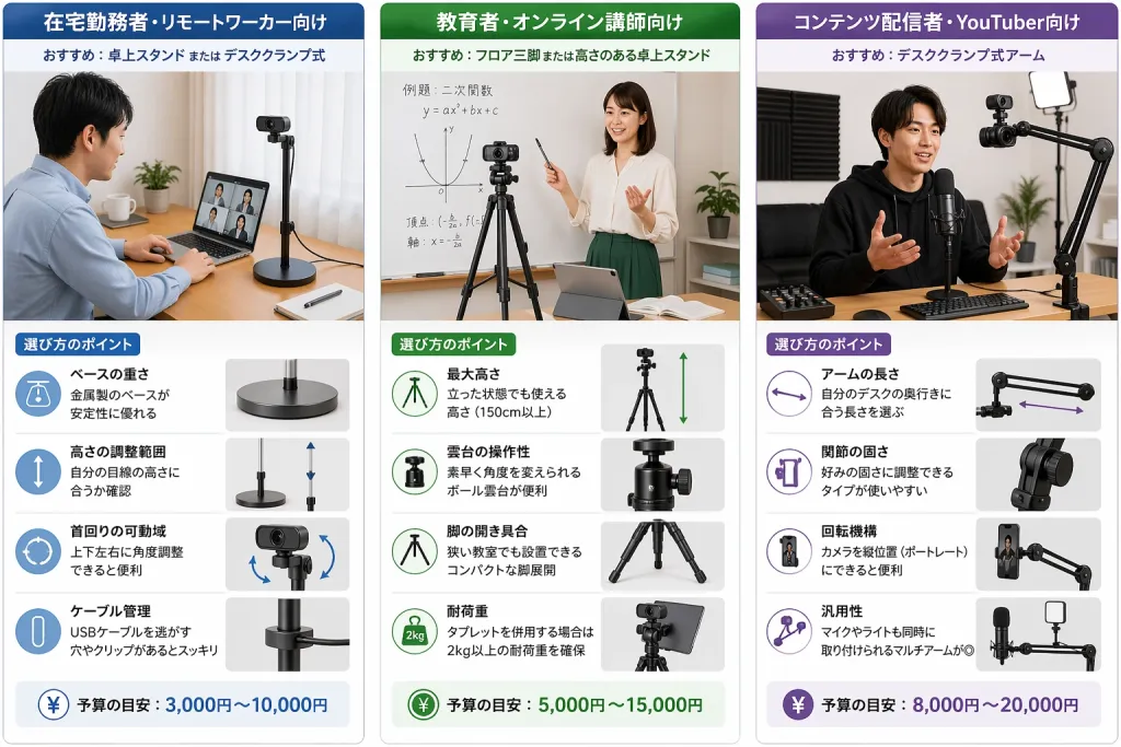 用途別に選ぶWebカメラスタンドの比較イメージ