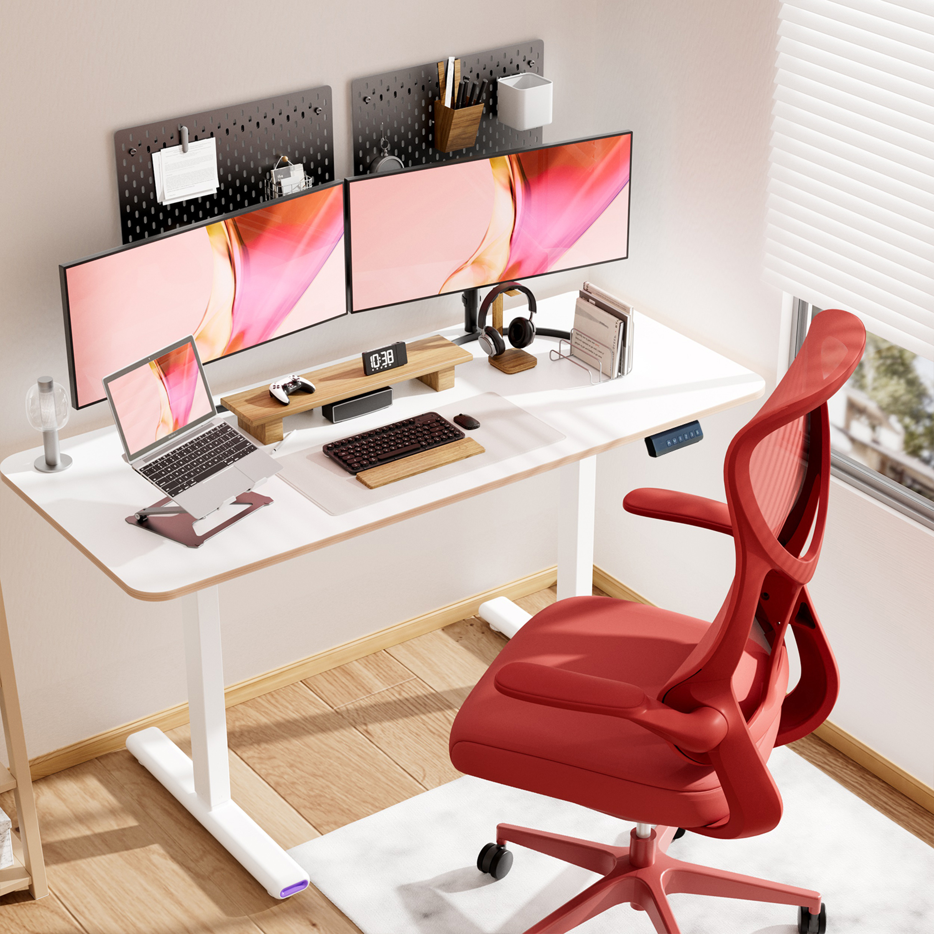 white-dual-motor-standing-desk-nearhub-od30-with-dual-monitor-and-red-chair.jpg