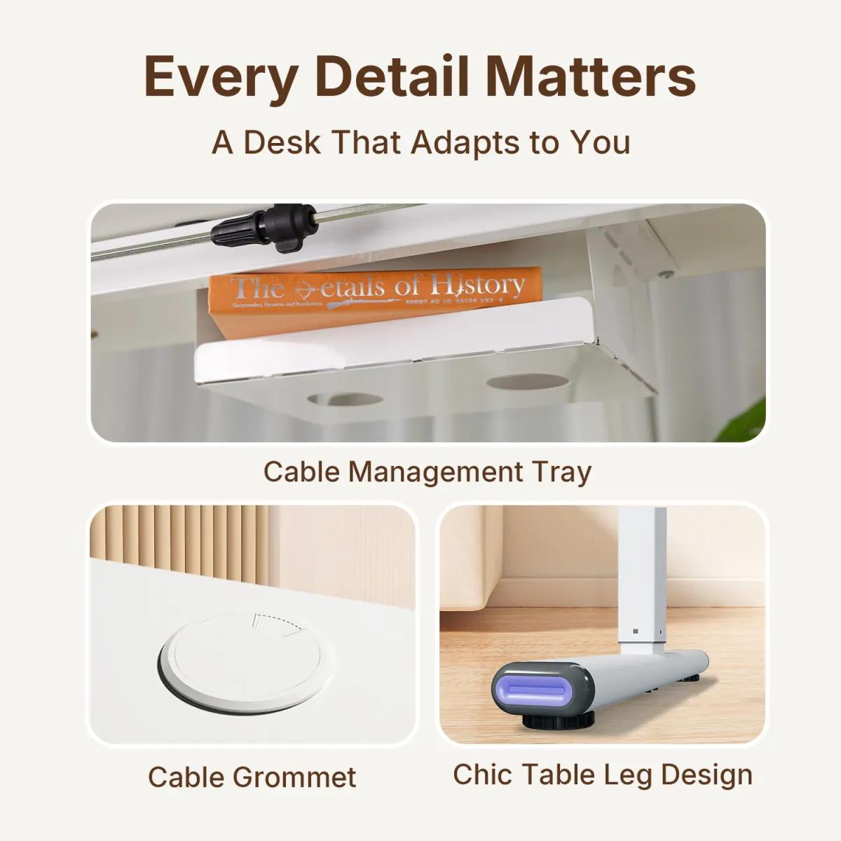 white electric adjustable desk details