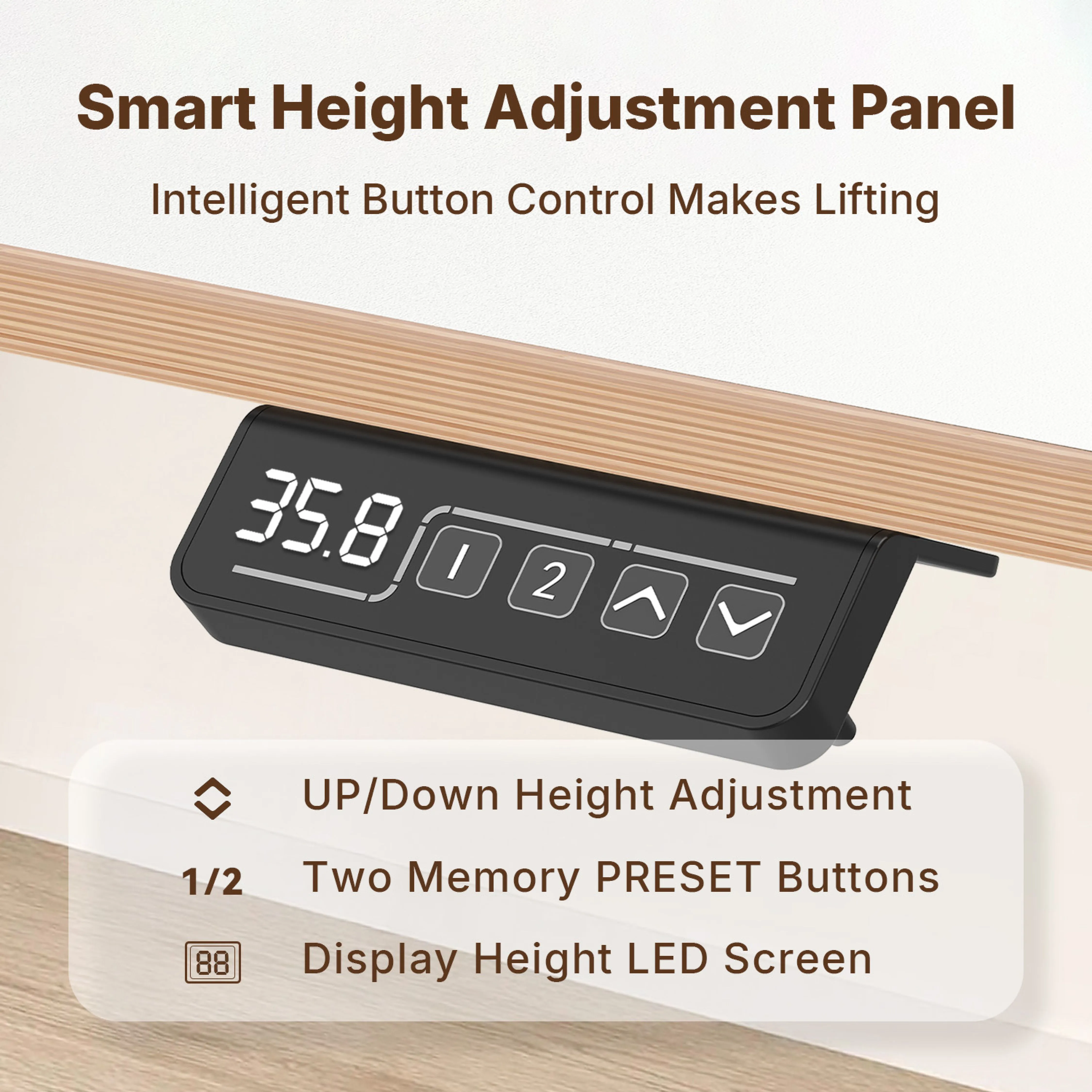 Smart height adjustment panel of adjustable height computer desks