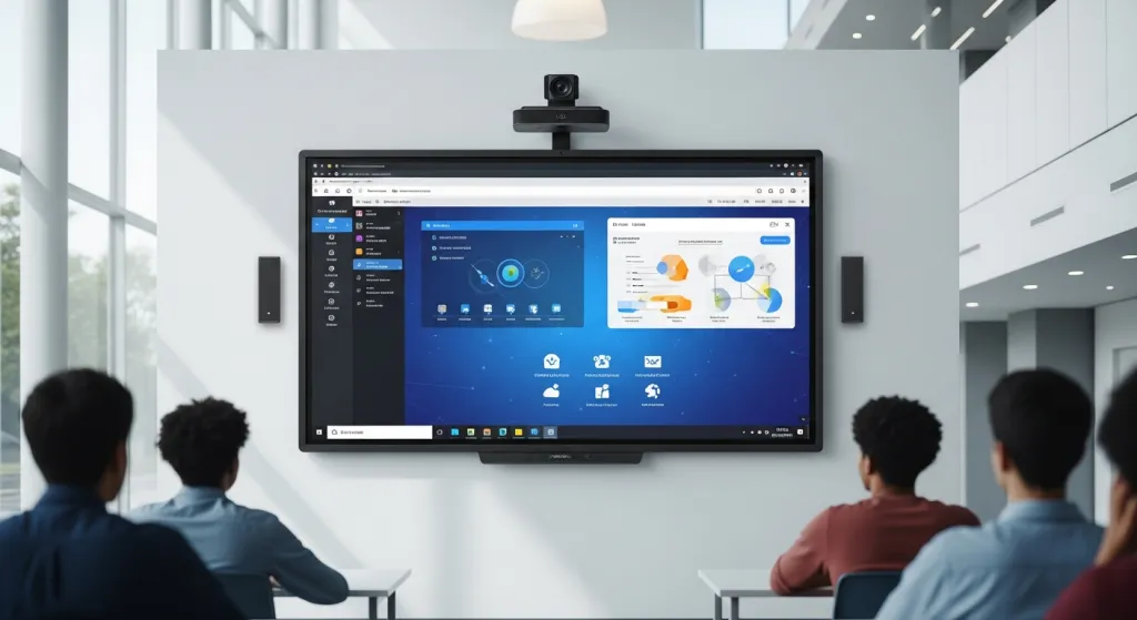 A high-end Interactive Flat Panel (IFP) displayed in a modern campus classroom, representing the peak of whiteboard evolution from the analog and projector eras to high-resolution digital displays.