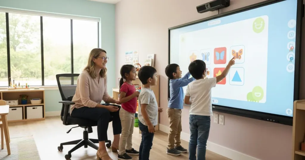 Diverse group of kindergarten children playing a matching game on an interactive display with teacher guidance