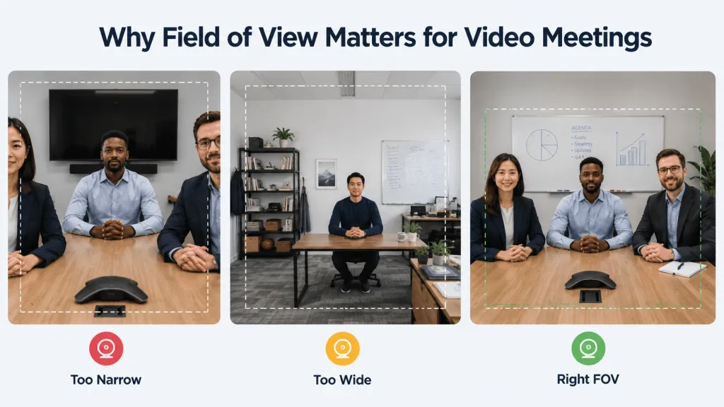 Infographic showing why field of view matters for video meetings, comparing too narrow, too wide, and correct camera framing.