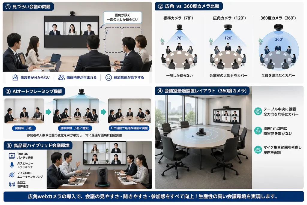 広角Webカメラの特徴や用途をまとめた比較図