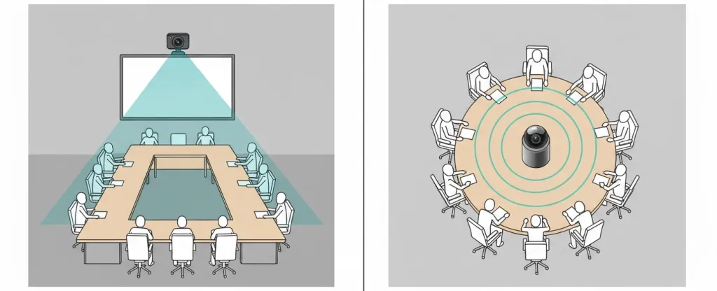 広角webカメラと360度webカメラの設置位置とカバー範囲の違いを示す比較図解