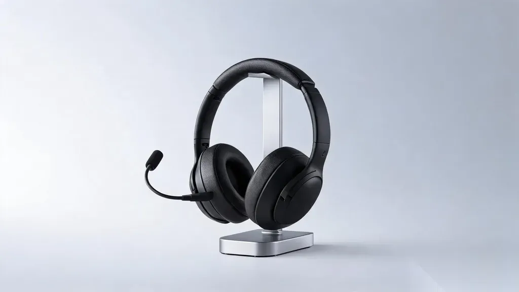 Photorealistic studio product shot of a modern black wireless over-ear business headset with a boom microphone resting on an aluminum charging stand