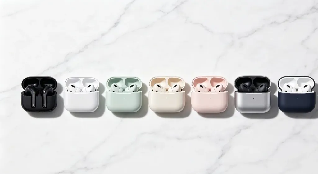 Multiple wireless earbuds with charging cases arranged on a white marble surface