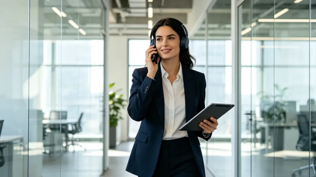 A businesswoman walking through a modern open-plan office while wearing a wireless headset and holding a tablet