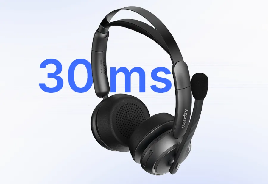 Over ear wireless headset featuring 30ms low latency Bluetooth connection for lag-free audio.