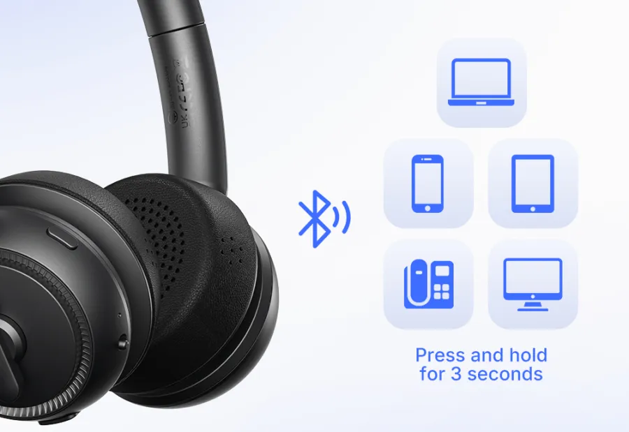Bluetooth over ear headphone showing quick wireless pairing to laptops, phones, and desktop computers.