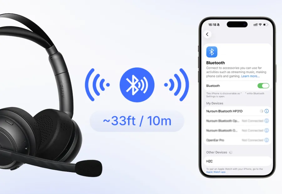 Bluetooth over the ear headset with microphone demonstrating a long 33 feet wireless connection range to a smartphone.