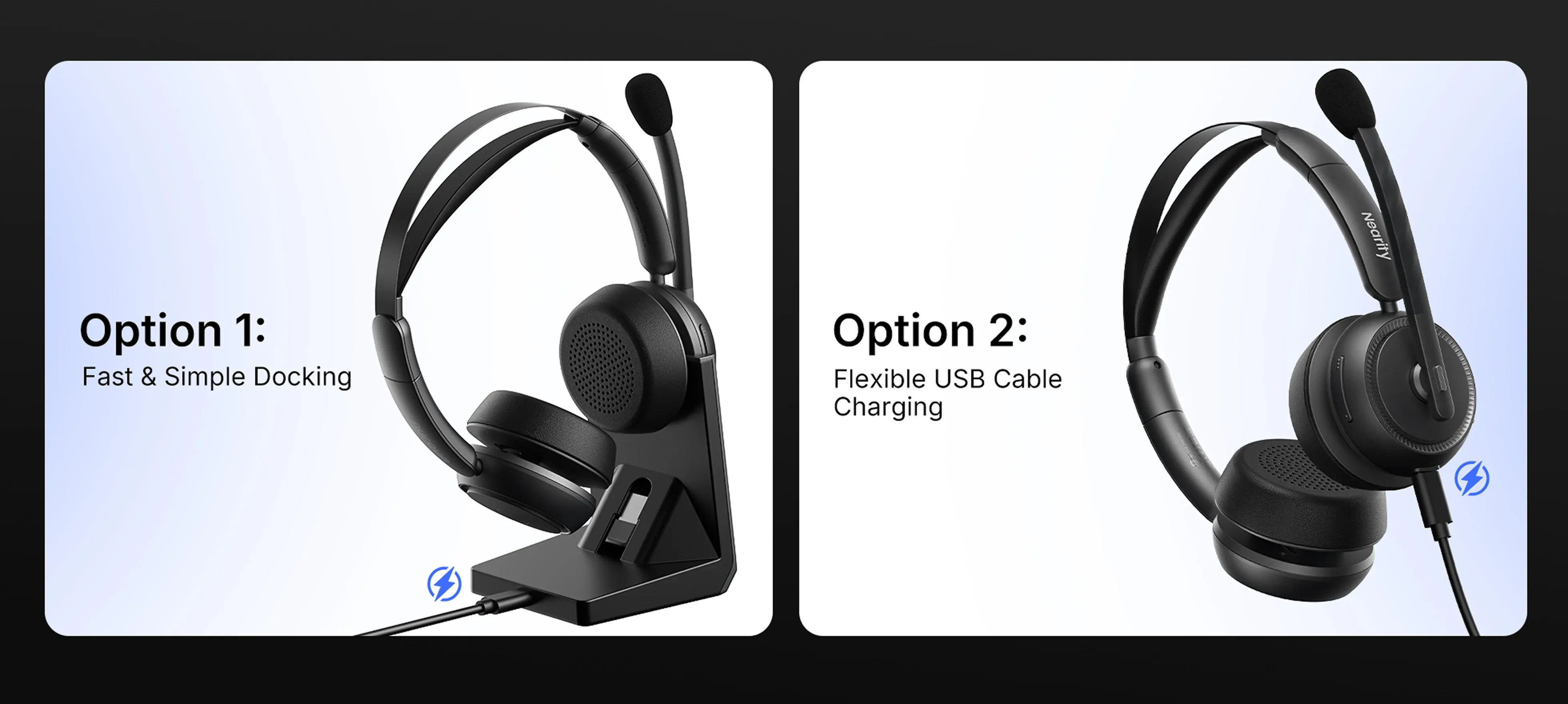 Headphone for call center demonstrating two charging methods: fast docking station and flexible USB cable.