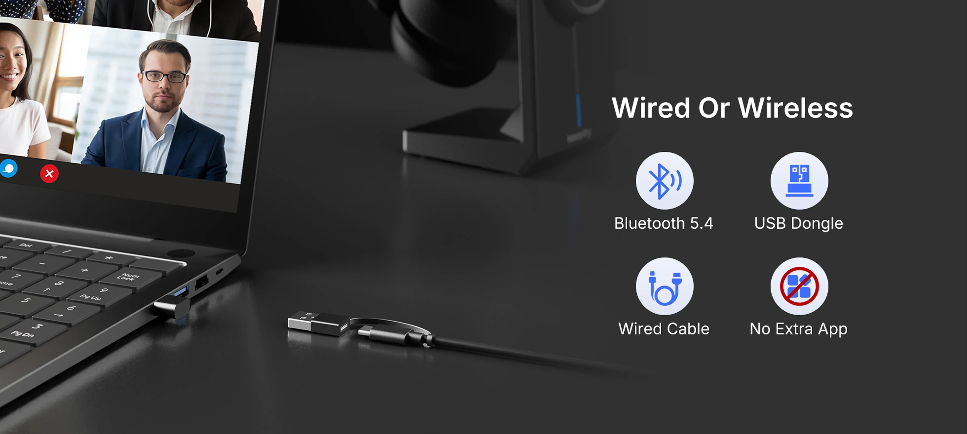 Wireless headset with mic for work showing wired USB-C, USB-A dongle, and Bluetooth 5.4 connections with no app required.