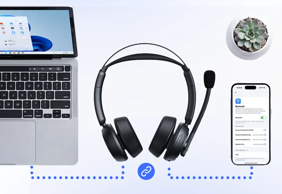 Wireless headphone with noise cancelling mic simultaneously connected to a laptop and smartphone via Bluetooth.
