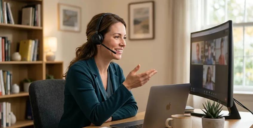 A professional online teacher wearing a wireless headset with a boom microphone while conducting a virtual class from a modern home office.