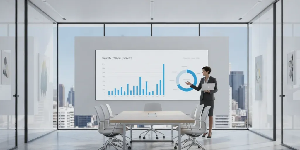 Professionelle kabellose Präsentation im modernen Meetingraum ohne sichtbare Kabel