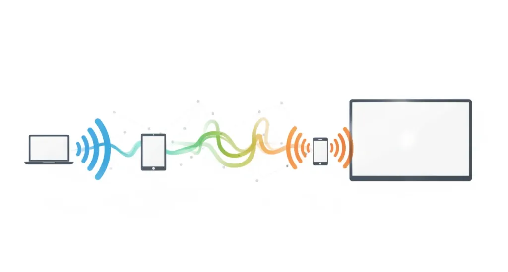 Illustration der drei Wireless-Screen-Sharing-Protokolle AirPlay, Miracast und Google Cast