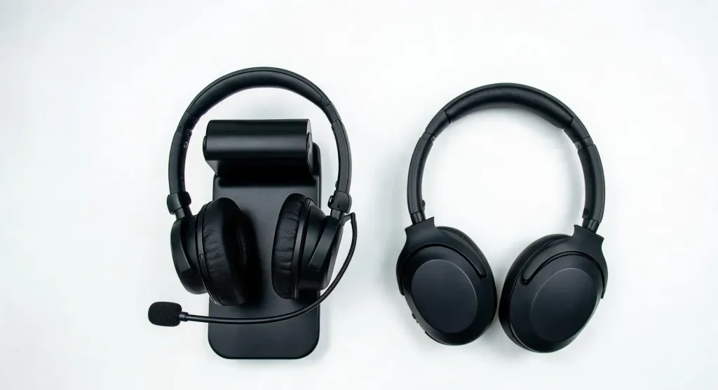 Side-by-side comparison of a professional wireless headset with boom mic next to regular consumer headphones on a clean white surface