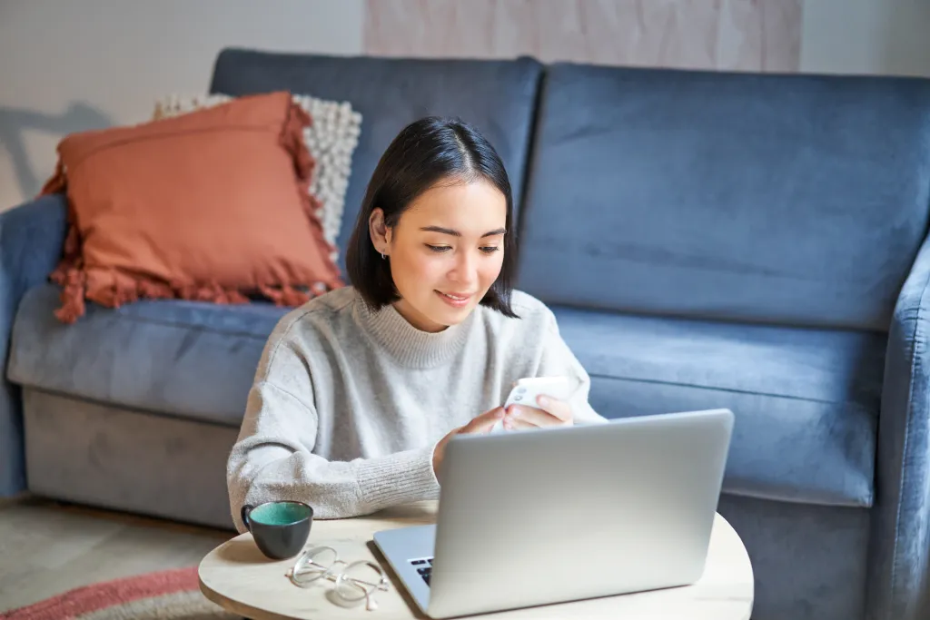Work from home freelance elearning concept young woman studying sitting front laptop work