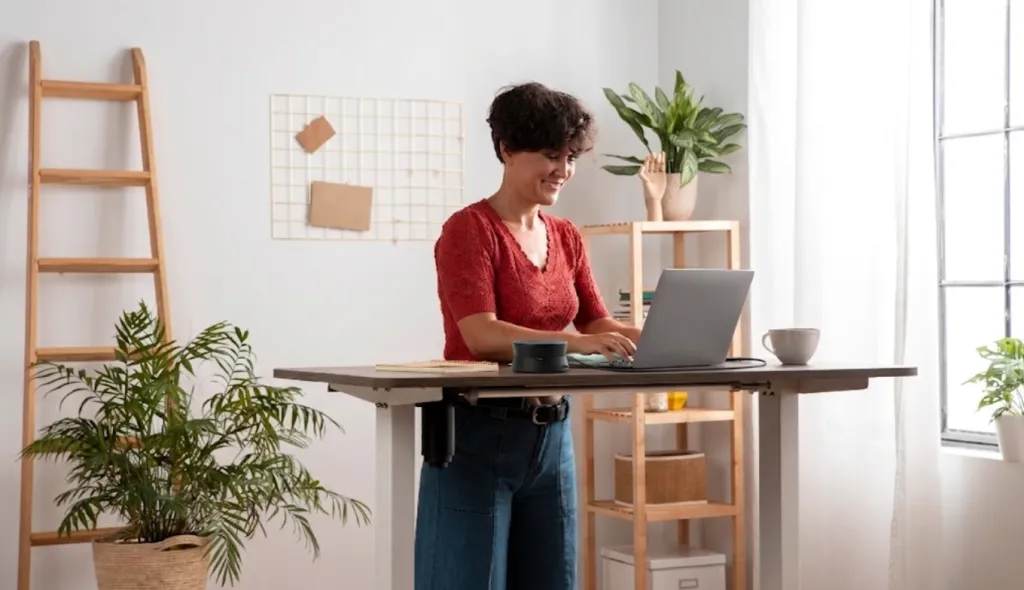 A woman using the speakerphone for home office.