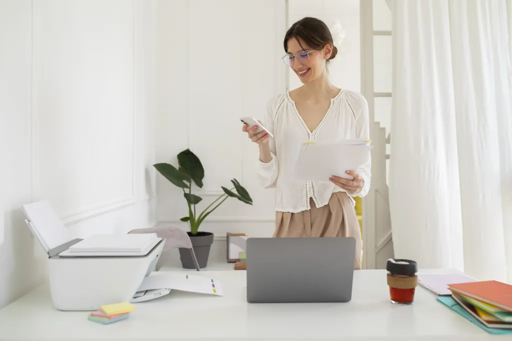front view woman holding smartphone