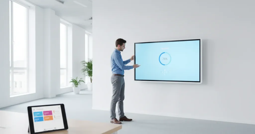 IT professional doing quick setup of an interactive whiteboard with cloud management tablet nearby