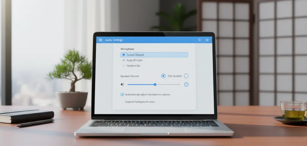 Zoomのオーディオ設定画面でマイク設定を確認する様子