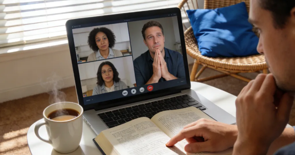 a man learns the bible with his online bible group