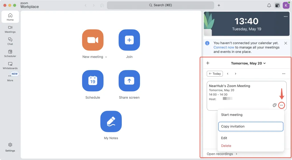 invite someone to zoom meeting through selecting Copy invitation