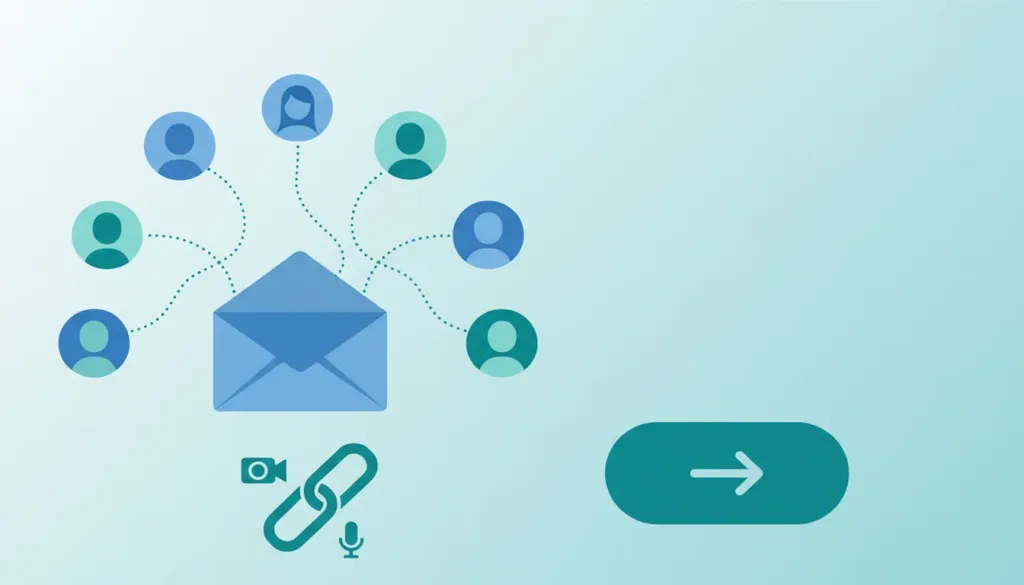 Email invitation being distributed to multiple participant avatars connected by dotted lines with a meeting link symbol and send button in soft teal tones