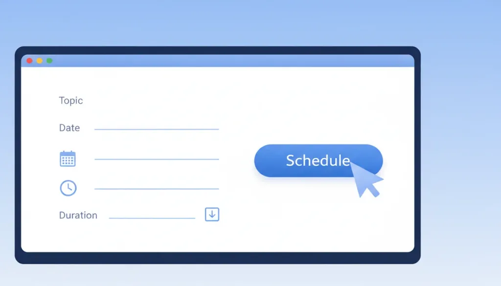 Scheduling form on a computer screen showing fields for meeting topic, date, time, and duration with a cursor hovering over the schedule button in a soft blue color scheme