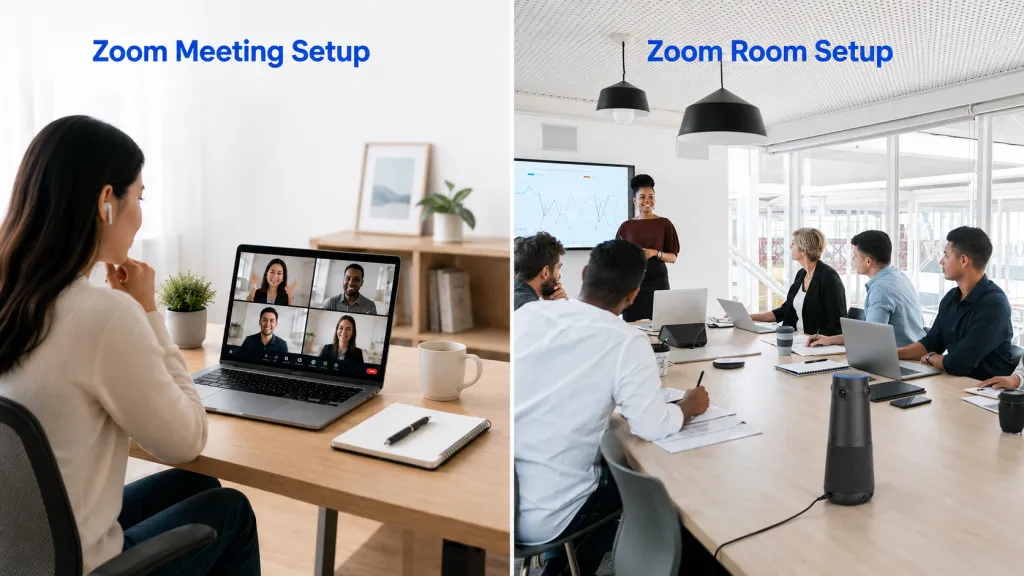 Comparison of Zoom meeting setup and Zoom room setup with a laptop video call and a conference room using Nearity 360 Alien for hybrid meetings.