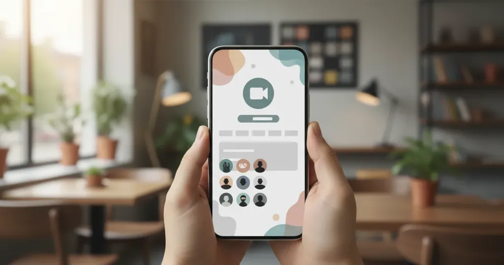 A person holding a modern smartphone displaying a meeting invitation screen in a casual workspace setting
