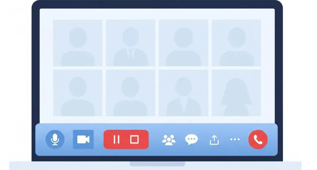 Laptop screen showing Zoom meeting recording controls toolbar with record button highlighted