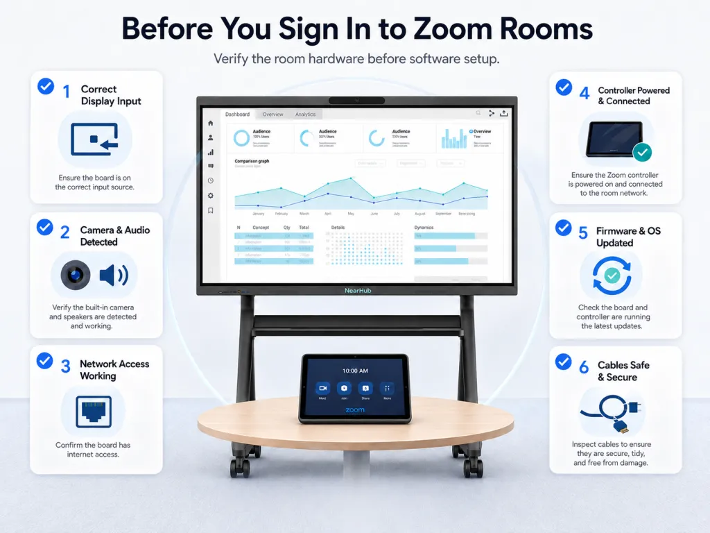 Zoom Room setup checklist to verify hardware, network, controller, updates, and cables before software setup