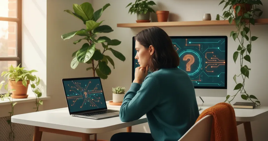 A professional working at a desk with multiple screens, troubleshooting a meeting connection issue in a modern office setting