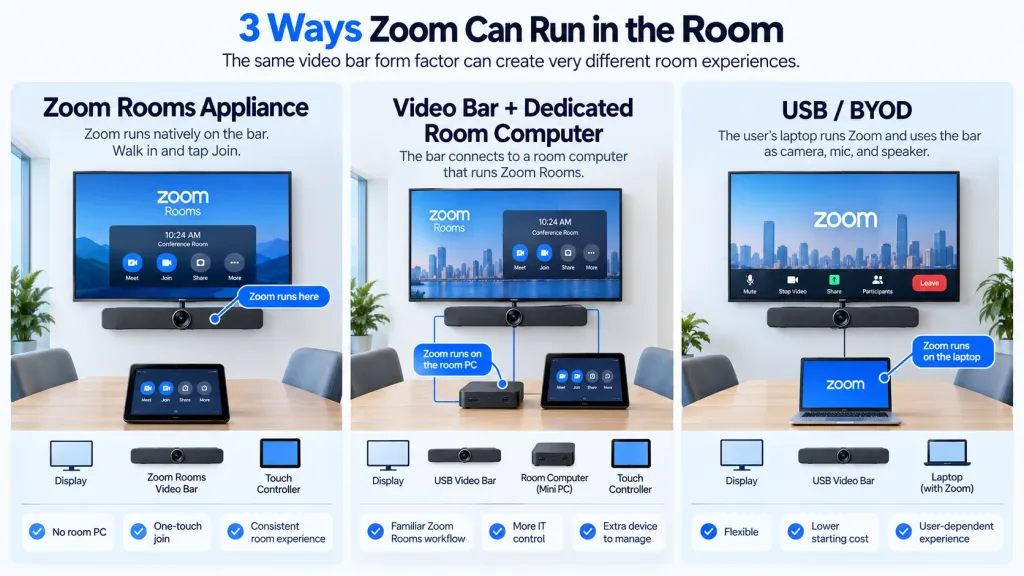 Three Zoom video bar room setups: Zoom Rooms appliance, dedicated room computer, and USB BYOD laptop.