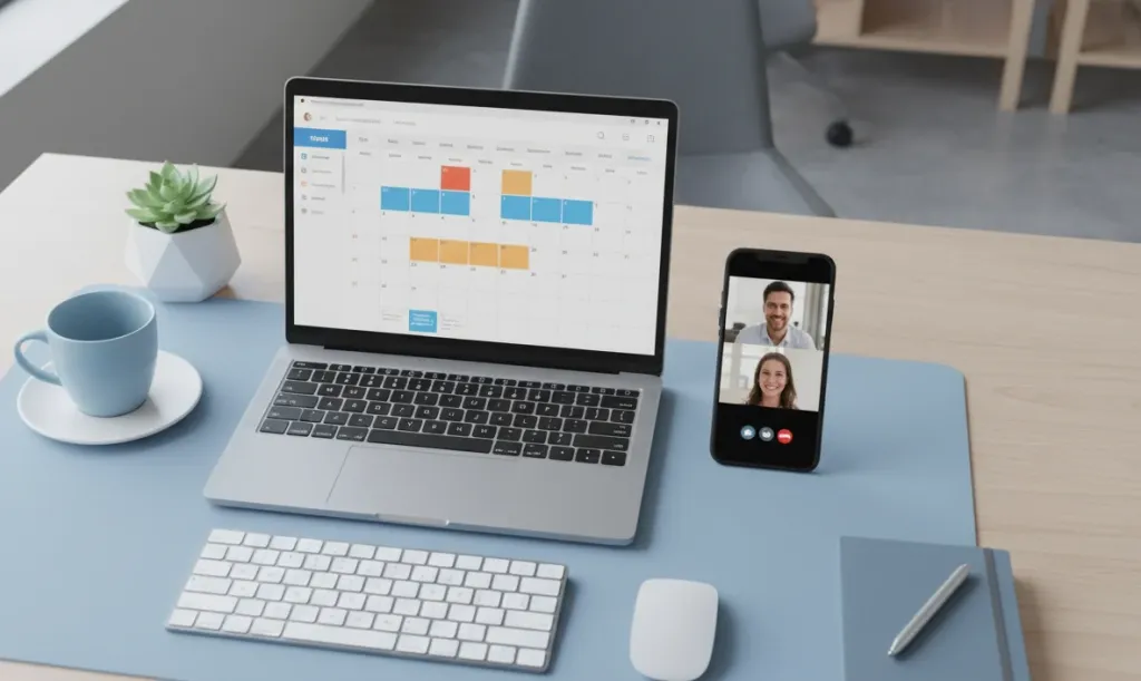 Overhead view of a modern workspace with a laptop showing a calendar interface and a smartphone with an active video call, representing the desktop and mobile integration workflow